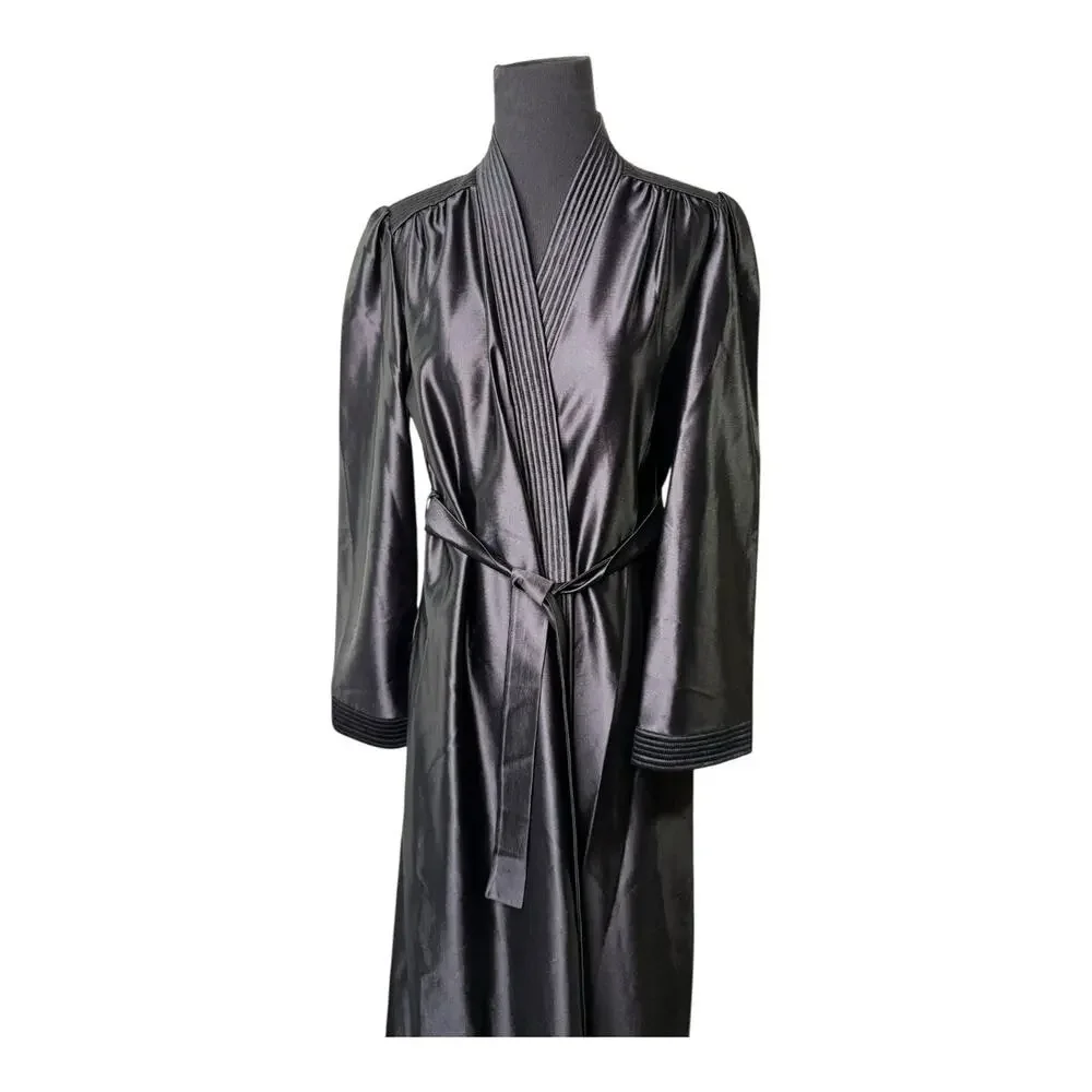 Vtg Black‎ Satin Robe Old Hollywood Luxurious USA Union Made Barad & Co Sz M EUC
